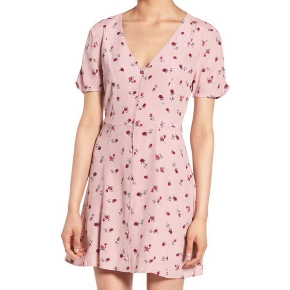 Dusty pink button down mini dress with rose print